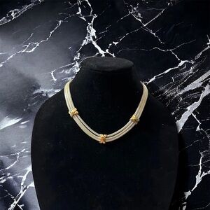 Vtg Unsigned Alice Caviness Gold Tone 3 Strand Mesh Rope Necklace X Bars 15-18”